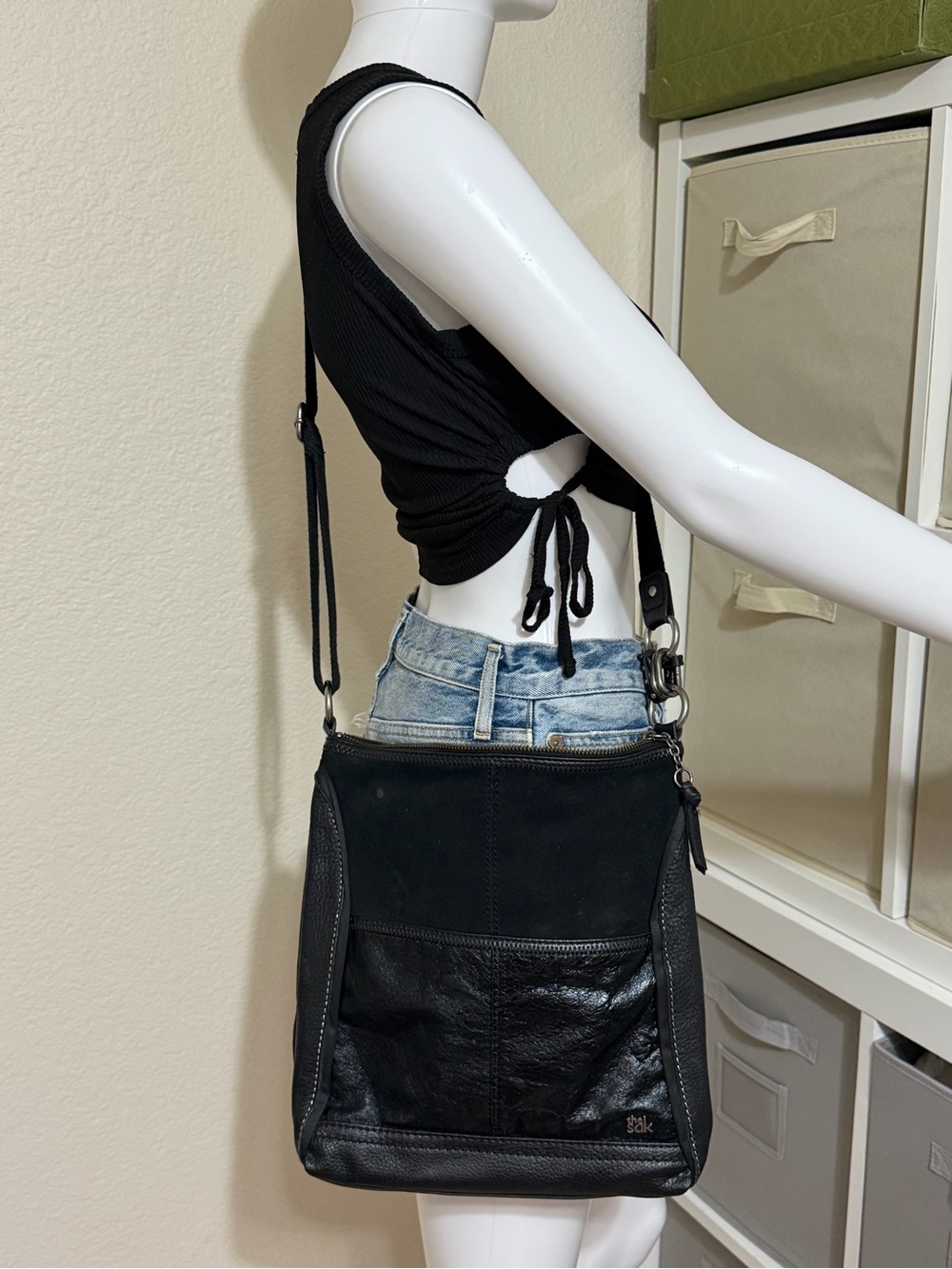 The Sak Iris Black Leather Suede Medium Crossbody Bag